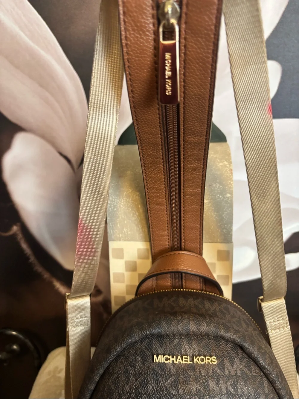 Michael Kors Brown Logo Print 'Route MK 1981' Mini Backpack